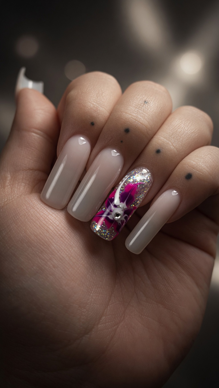 Nude gel set with pink marble accent and crystal