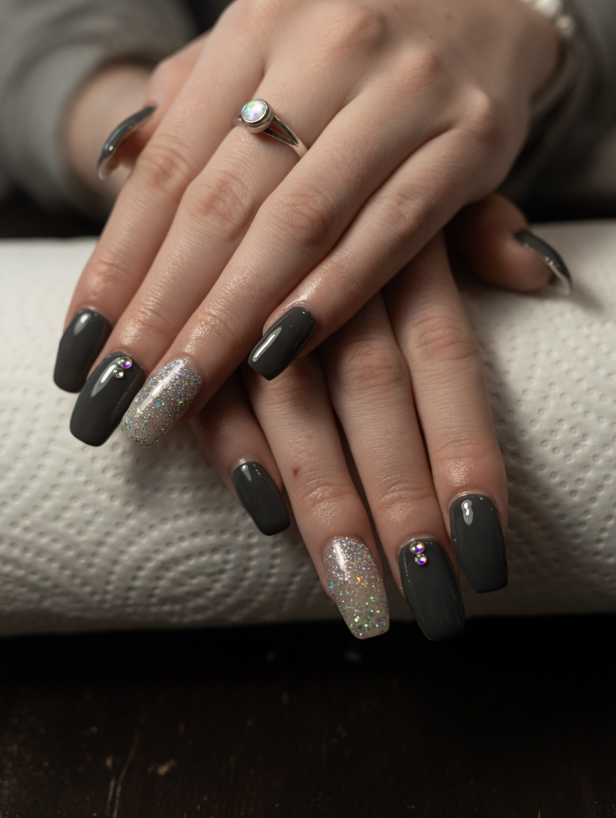 Charcoal grey gel with holographic glitter ombre
