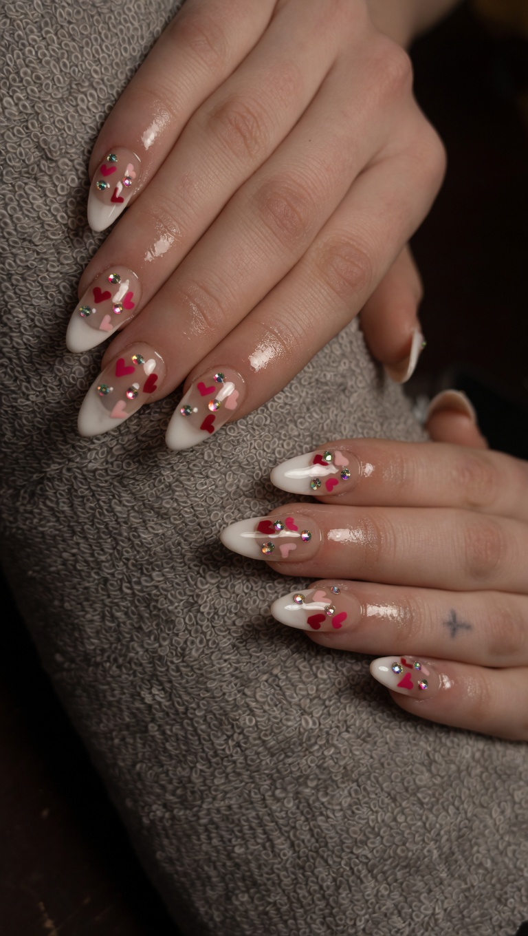Milky French with red & pink hearts and rhinestones